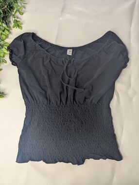 Prana Breathe Organic Cotton Black Smocked Top Size Medium